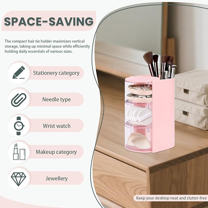 2 Pack Hair Accessories Organizer with Hair Brush Holder, 3-Tier Clear Rotatable Drawer Makeup Sponge Holder, Bathroom Qtip Cotton Swab/Pad/Ball Dispenser Jewelry Box (Pink)