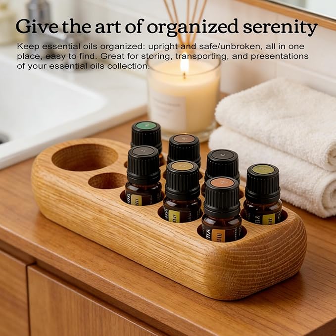 RoseFlower Wooden Essential Oil Display Storage Organizer Holder Stand - 9 Slots Red Oak Wood Rack - Holds up to 9 Aromatherapy Bottles - Ideal Gift Presentation Shelf