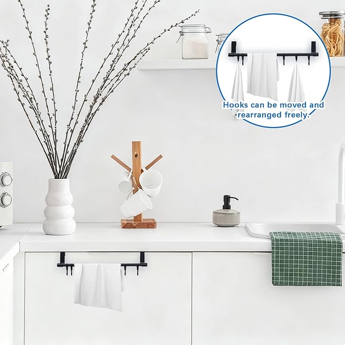 INCREWAY 2Sets Towel Holder, Over The Cabinet Door Towel Rack with Hooks, No-Installation Organizer for Kitchen Towels and Utensils on Bathroom Pantry Doors (Black)