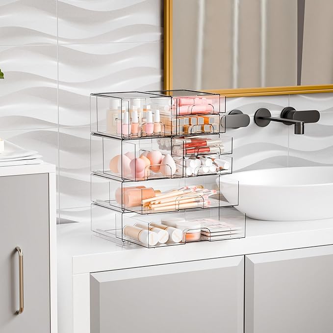 Yieach 8 Pack Clear Stackable Storage Drawers,Acrylic Drawer Organizer for Medicine,Palettes,Hair Accessories and Makeup Organizer,Plastic Drawers for Cabinet,Office,Desk,Bathroom Storage Containers