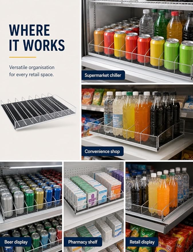 Adjustable Self-Feed Can and Bottle Rack, Flat Tray Organizer for Fridge, Supermarket, Convenience Store and Retail Shelves(600 x510 mm)