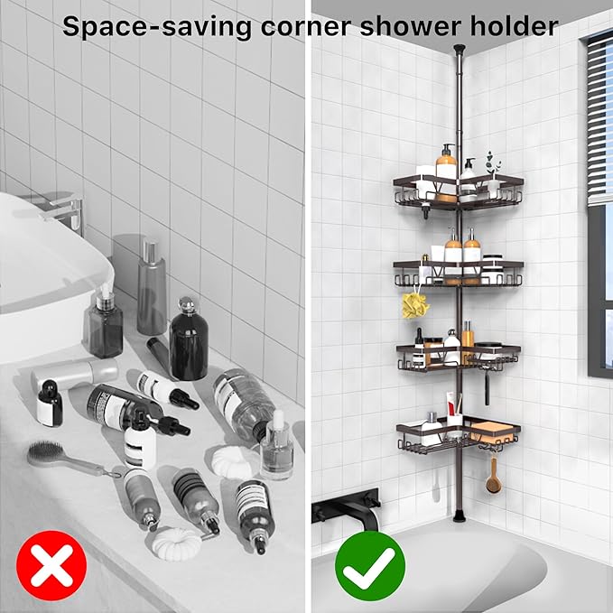 KEGII 4-Tier Corner Shower Caddy Tension Pole - Waterproof Shower Rod Organizer, Floor to Ceiling Tension Rod 25-114.2 inch, Stainless Steel Corner Shower Shelf, Bronze