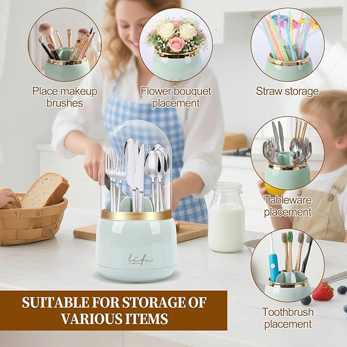 360° Rotating Silverware Utensil Holder for Kitchen Counter, Spoon and Fork Holder with Cover, Cooking Utensil Organizer with 7 Slots and Intermediate Drainage Device for Kitchen Decor(Green)