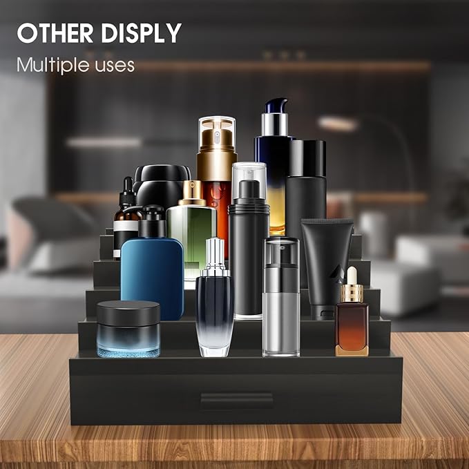 Sephyroth Cologne Organizer 5 Tier of Elegant Bamboo Perfume Organizer for Men with Hidden Storage and Practical Drawer, Perfect for Cologne Display & Gift (5T-Black)