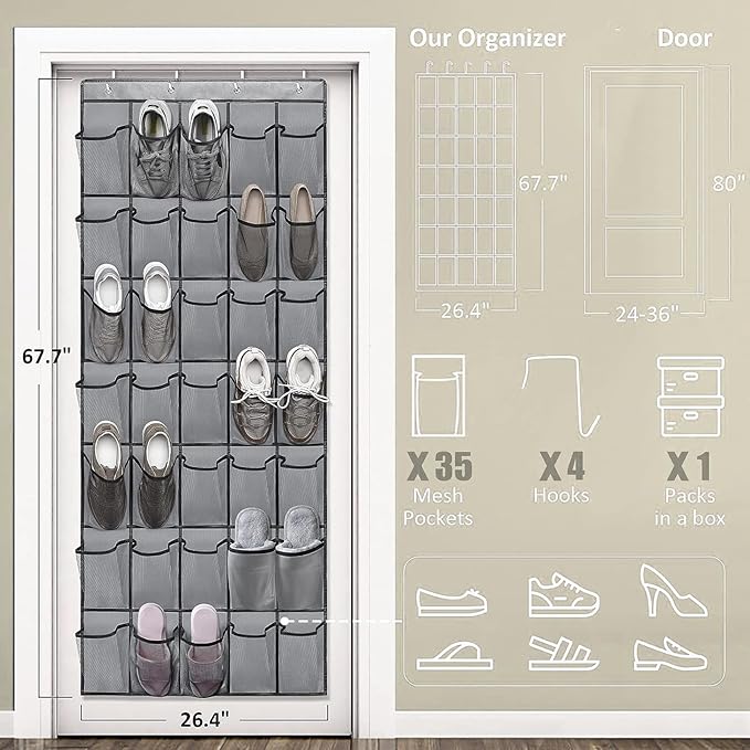 35 Large Pockets Over The Door Shoe Organizer – Sturdy Oxford Fabric Hanging Shoe Rack with Mesh Pockets, Door Shoe Rack with 4 Metal Hooks, Space-Saving Shoe Holder for Closet, Gray
