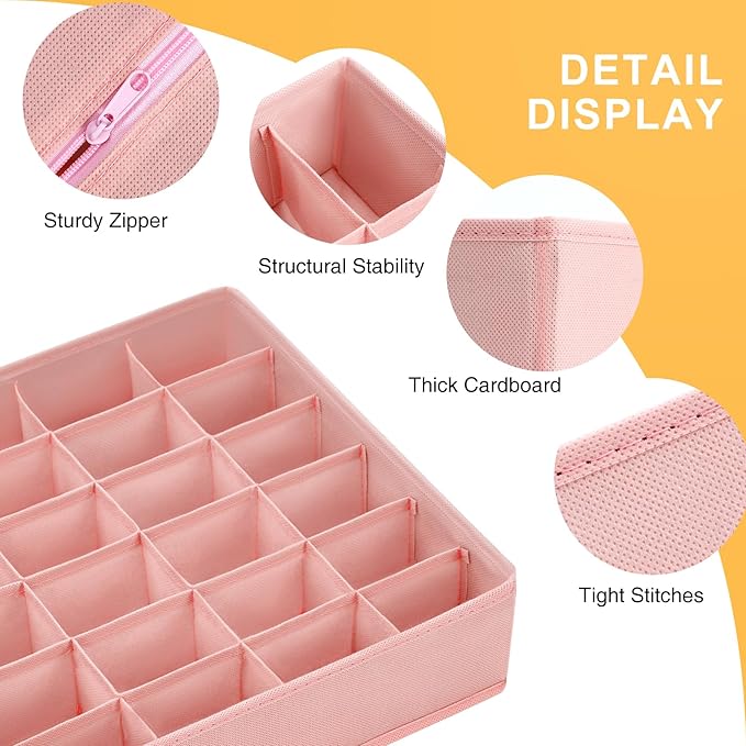 Joyoldelf 4-Pack Pink Fabric Dresser Drawer Organizers, 24-Cell Sock Drawer Divider, Non-woven Material
