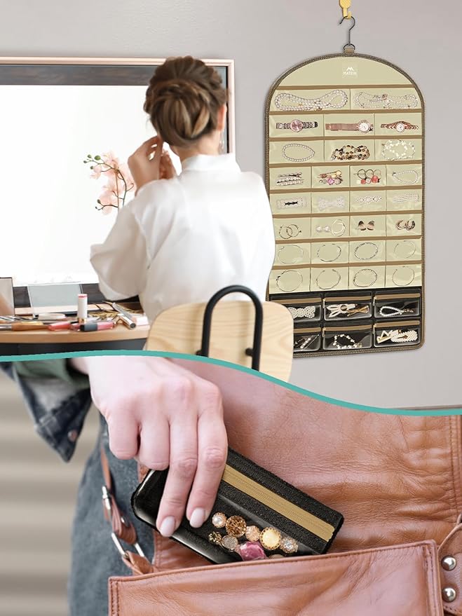 MATEIN Over the Door Jewelry Organizer with Travel Pouch, Double-Sided Hanging Necklace Earring Holder with Pockets, Large Jewelry Storage for Rings Bracelets, Beige-Brown