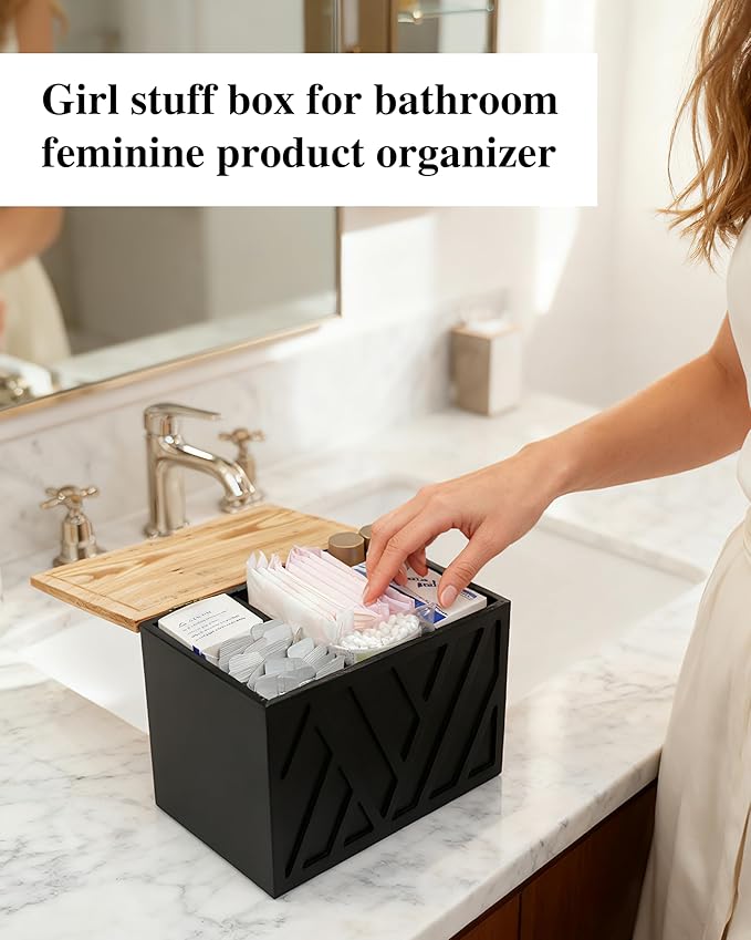 Tampon Holder for Bathroom Decor Feminine Product Organizer With Lid Shark Week Box Wooden Pad Girl Stuff Box (BLACK, lid) (1, BLACK)