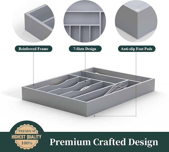 Bamboo Silverware Organizer, Kitchen Drawer Organizer, Utensil Holder, Cutlery Tray & Spoon Flatware Storage with Grooved Drawer Dividers (Grey, 12.5''W x 16.5''D)