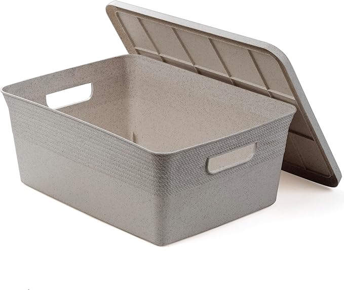 BINO | Plastic Storage Bins with Lids, 13 Liter - 3 Pack, Natural Grey | THE BRAIDED COLLECTION | Plastic Bins for Organization Woven Storage Baskets for Organizing Pantry Shelf Organizer Basket Bin