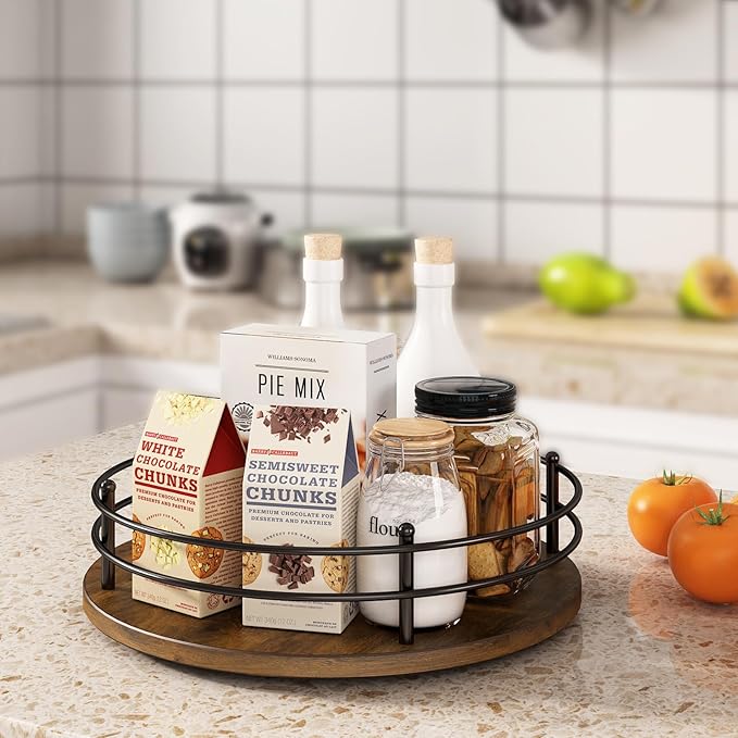 12" Lazy Susan Turntable Organizer,Round Wooden Lazy Susan Organization and Rotating Spice Rack for Dining Table,Pantry,Kitchen Countertop,Vanity,Cupboard and More. (Heightened Version,Round)