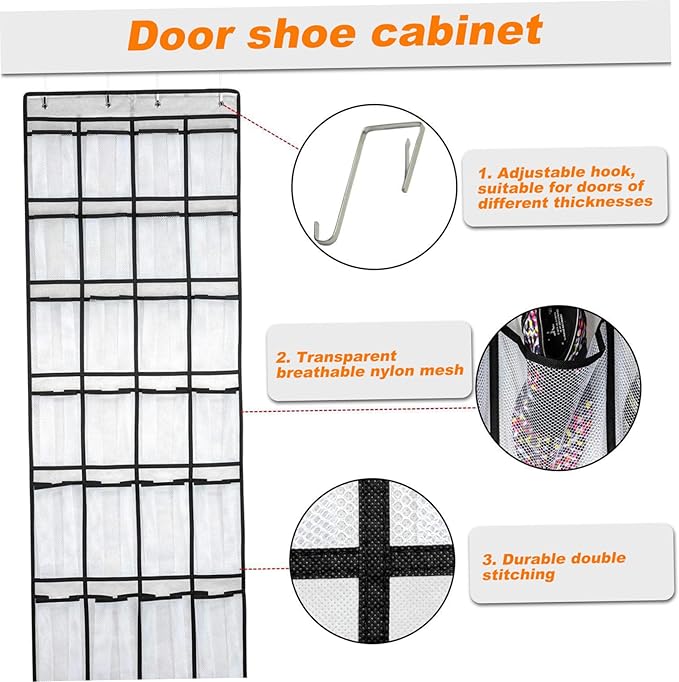 Over the Door Shoe Organizer, 24 Pocket Breathable Mesh Hanging Shoe Organizer, Up to 40 Pounds Non Slip Shoe Holder, Sturdy over the Door Storage Fits for Size 13 Shoes 59x21 Hanging Shoe Organizer