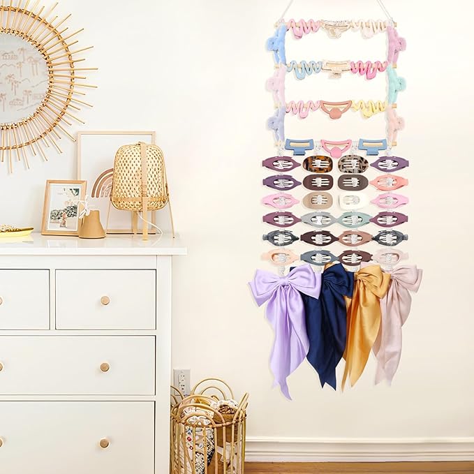 SNOWSTAR Macrame Flat Hair Claw Clip Holder Organizer,Large Capacity Hanging Hair Clip Holder and Storage for Women Girls,Flat Claw Clips Storage Hanger Home Decor for Wall,Door,Closet