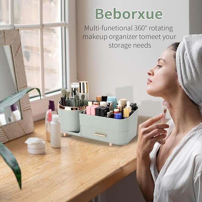 Beborxue 360° Rotating Makeup Organizer for Vanity with Drawers, Large Capacity Cosmetic Display Case, skincare organizer, Cosmetic Organizer for Lipstick, Skincare, Brushes, Eyeshadow, (Green)