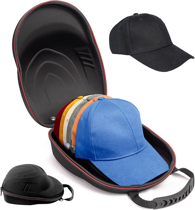Hat Travel Case for Baseball Caps,Hard Hat Carrier Storage Case with 1 Pack Black Baseball Cap and Adjustable Shoulder Strap, Hat Organizer Holder Bag for 6 Baseball Caps for Men and Women - Black