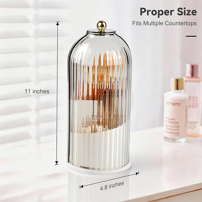 Hvygss 360° Rotating Makeup Brush Holder with Lid, Waterproof Three-Compartment Makeup Organizer, 180° Side-Pull Door Desk Organizer, Dustproof Brush Holder for Vanity and Bathroom (Grey)