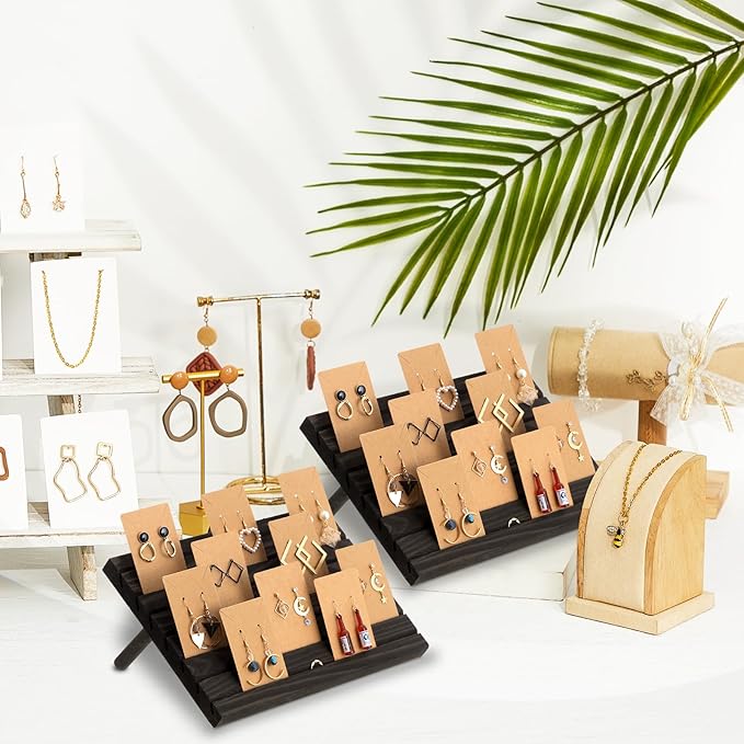 Marsui 62 Pcs Wood Earring Display Stand Earring Card Display 2 Sets of Holder with Cards Jewelry Stands for Selling