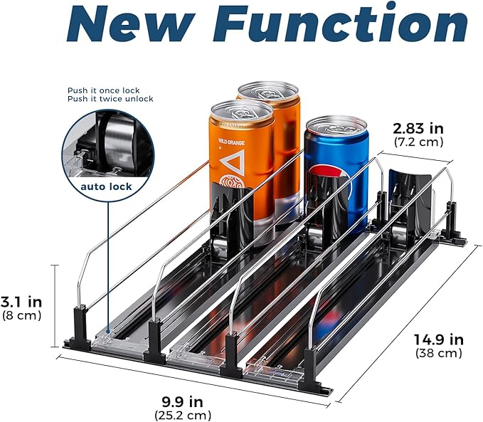 Puricon Drink Organizer for Fridge Pusher Glide, Spring Loaded Fridge Drink Dispenser, Self Pushing Soda Can Organizer for Refrigerator, Beer Bottle Beverage Organizer Drink Holder -3 Rows, Black