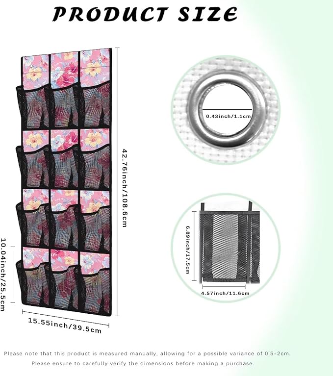 Space Saving Hanging Shoe Organizer,Entryway Bedroom Bathroom Storage Bags with 12 Mesh Large Pockets Waterproof Reusable,Tropical Flower Pink
