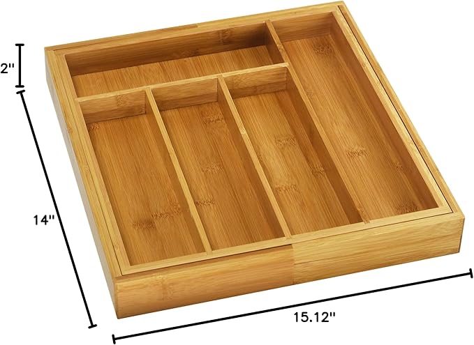 YBM HOME Kitchen 100% Bamboo Utensil, Flatware, Cutlery Drawer Organizer Tray 340 (1, 5 Compartment Adjustable to 6 or 7 compartments)