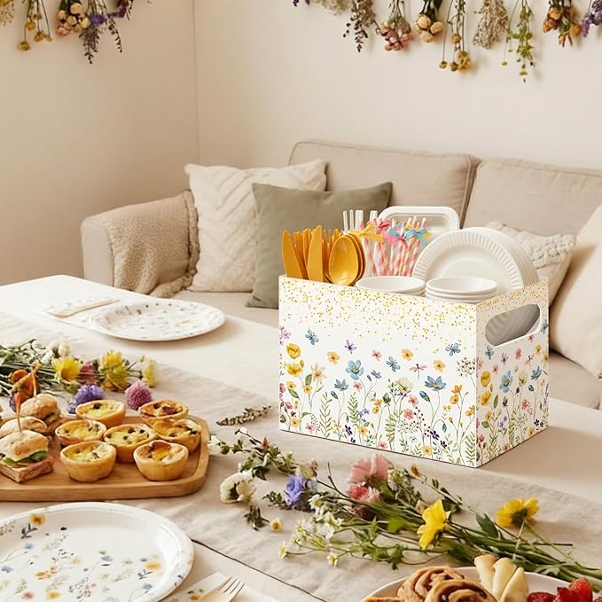 Sliner 2 Pcs Wildflower Utensil Holder Paper Utensil Caddy for Spring Wildflower Party Disposable Cutlery Holder with Handles for Wedding Spring Floral Baby Shower Picnic Tea Party