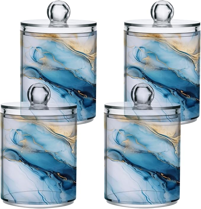 2 Pack Qtip Holder Dispenser for Cotton Ball Gold Marble Blue Fluid Marble Swab Round Pads Clear Plastic Acrylic Jar Set Bathroom Canister