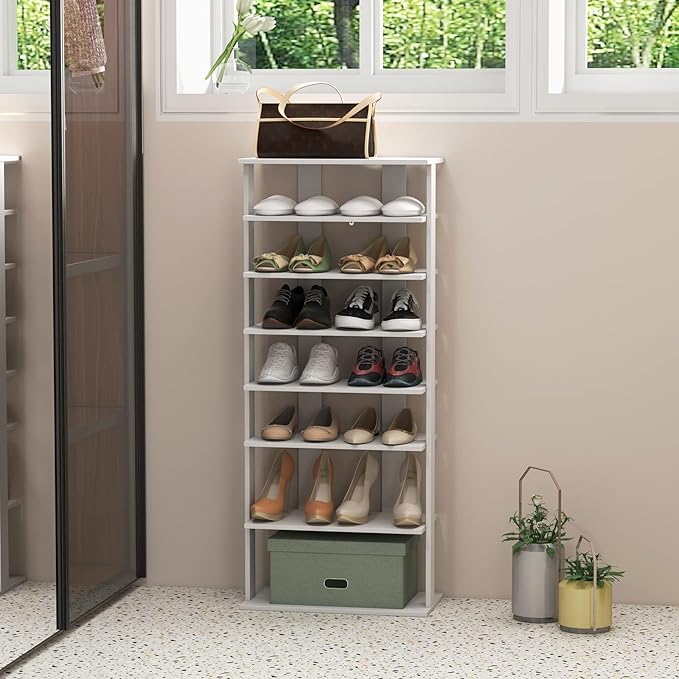 Giantex 8-Tier Wooden Shoe Rack, Patented Double Row Shoe Organizer for 16 Pairs, Customizable Height, Space-Saving Shoe Storage Stand for Entryway, Hallway, Living Room, Bedroom (White, Double)
