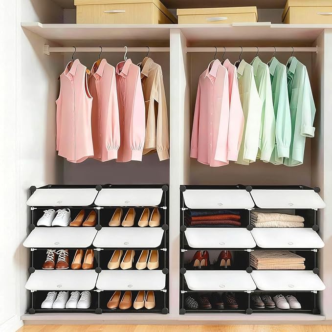 Simple Deluxe 6-Tier Shoe Rack Organizer with Doors, Stackable Shoe Storage Cabinet for Entryway Closet, Plastic Shoe Shelf with Metal Frame, Holds up to 24 Pairs for Bedroom Hallway, White