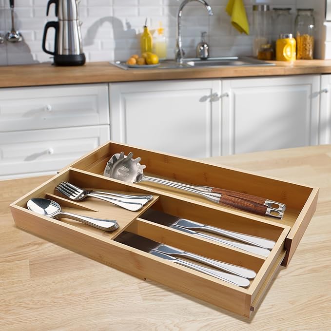 guiogc Expandable Bamboo Kitchen Drawer Organizer - Silverware Organizer - Utensil Holder and Cutlery Tray for Flatware Organizers and Kitchen Utensils