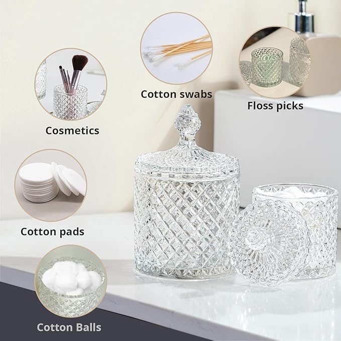 R FLORY 2 Pack Qtip Holder Glass Apothecary Jars with Lids Bathroom Storage Organizer for Cotton Swabs, Balls, Pads, Floss Picks, Vanity Storage Containers for Makeup, Candy, Jewelry (10+24oz, Clear)