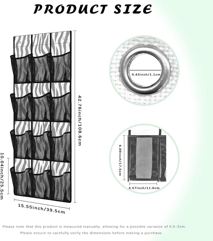 Zebra Stripes Over The Door Organizer 12 Pockets Door Hanging Shoe Organizer Mesh Fabric Wall Hanging Storage for Closet Space Saving Shoe Holder Hanger