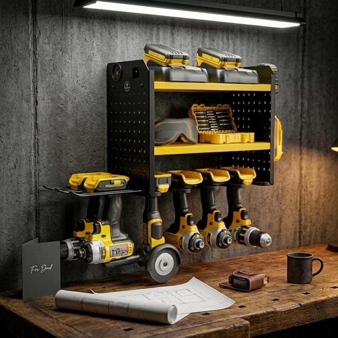 BUILTSTRONG Power Tool Organizer Wall Mount – 3-Tier Heavy-Duty Steel Rack, 6 Drill Slots, Dual Pegboard Sides, Side-by-Side Modular, 100 lb Capacity – Garage & Workshop (Yellow)