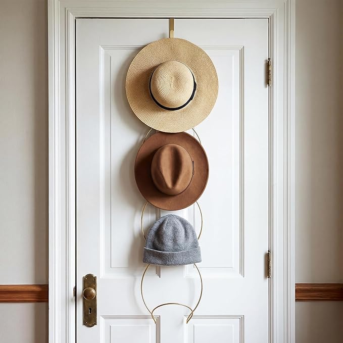 Yerliker 16 Pieces Hat Rack Wig Holder over The Door Baseball Hat Holder Wall Mounted Hanging Wig Organizer for Closet Display Storage Rack with 2 Hooks for Tie Scarf(Gold)