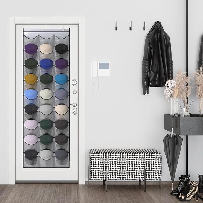 Baseball Hat Rack, 27 Pocket Over-The-Door Hat Organizer with Clear Deep Pockets to Display Baseball Caps Collection, Complete with 3 Over Door Hooks (Grey, 27 Pockets)