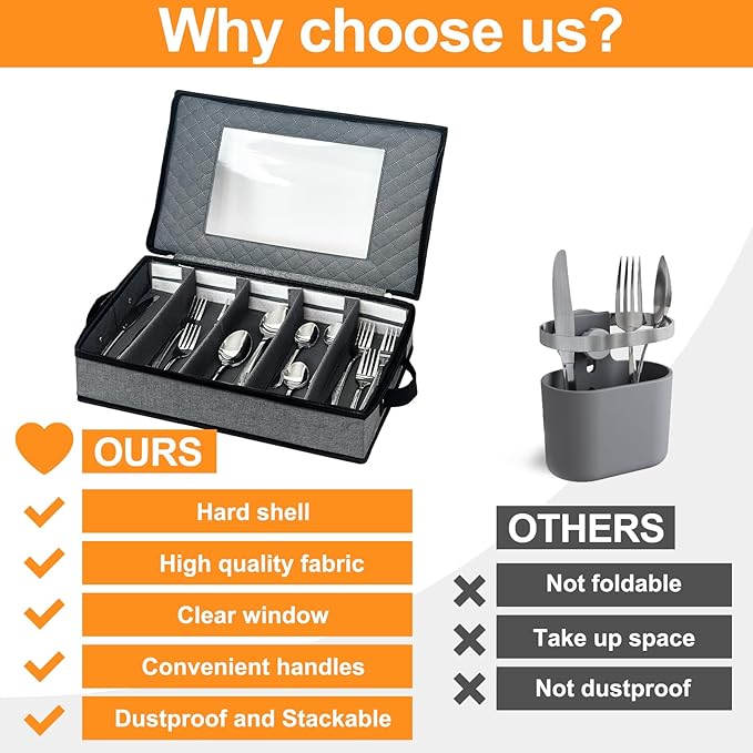 2 Pack Flatware Utensil Storage - Sturdy Silverware Storage Box with Dividers, 5 Compartment Flatware Storage Case with Handles and Removable Lid for Moving&Protected(Dark Gray)
