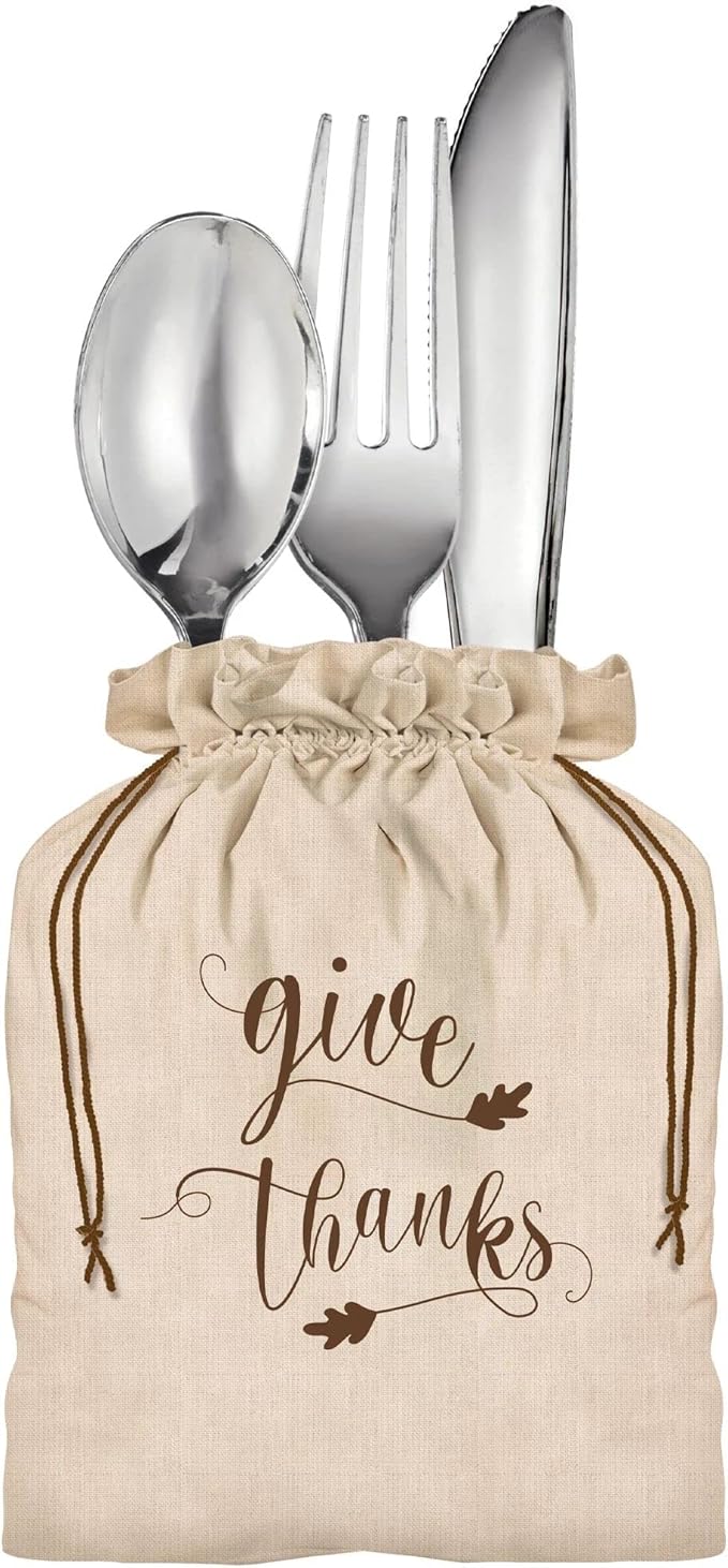 Charming "Give Thanks" Canvas Cutlery Holder - 6" x 4.12" (Set of 8) - Eco-Friendly Tableware Organizer for Thanksgiving & Everyday Use
