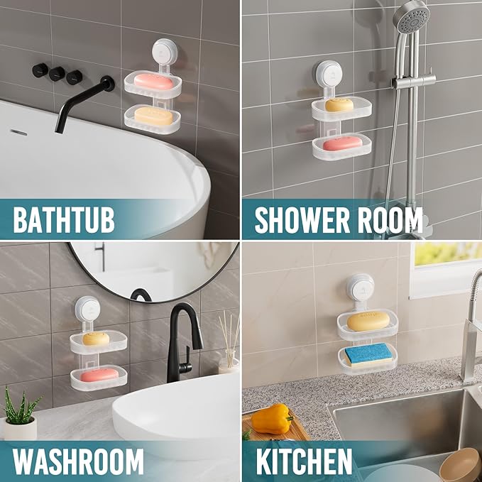 TAILI Soap Holder Soap Dish for Shower, Suction Cup Soap Holder for Shower Wall, Bathroom Accessories, Removable Strong Hold Soap Saver, Drill Free, Clear 2 Layer