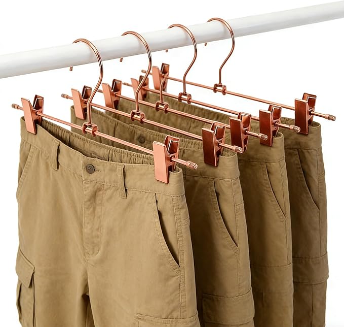 Rose Gold Metal Wire Clips Pants Bottom Clothes Hangers, 30 Pack Heavy Duty Trousers with Adjustable Clips,13.8" Space Saving for Legging Garment Jeans
