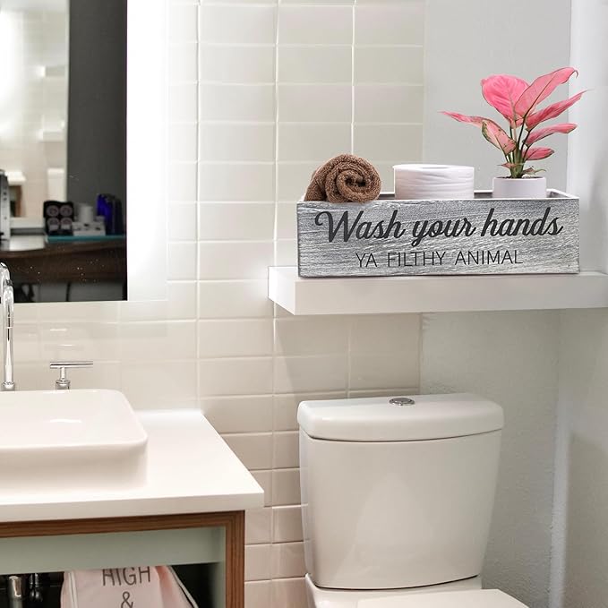 Rustic Farmhouse Bathroom Decor Box, Toilet Paper Basket with 2 Sides Signs, Gray-wash Your Hands