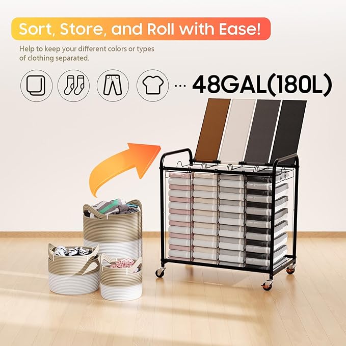 Laundry Sorter 4 Sections 48 Gal, Rolling Laundry Basket with Lockable Wheels and Lid, Laundry Hamper with 4 Separated Removable Bags Dirty Clothes Hamper for Laundry Room, Multicolor