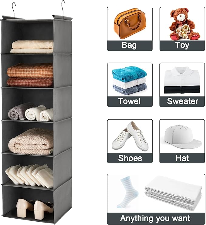 MAX Houser 6 Tier Shelf Hanging Closet Organizer, Closet Hanging Shelf with 2 Sturdy Hooks for Storage, Foldable (Grey)