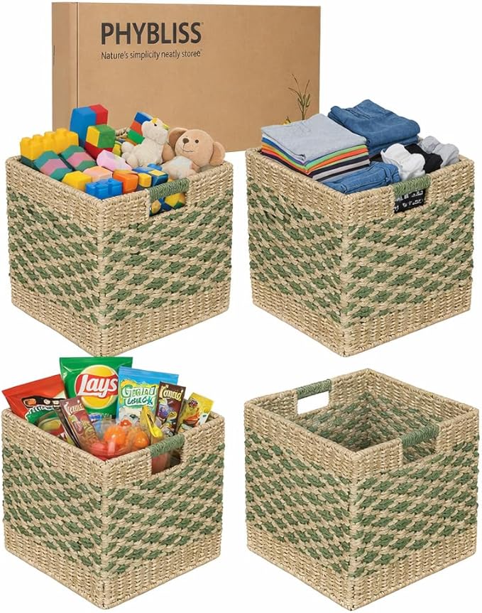 12x12 Cube Storage Bins 4-Pack - Foldable Paper Rope Organizer Baskets for 13-Inch Shelves, Heavy Duty 15-Lb Capacity for Nursery Toys & Closet