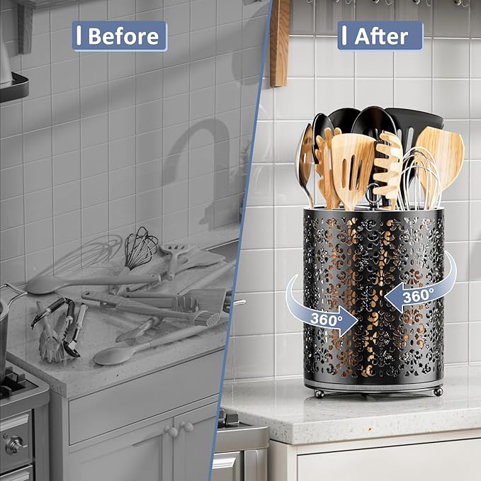 YIUKEA 360° Rotating Utensil Holder - Extra Large Cooking Utensils Caddy Counter Organizer with Instant-Dry and Removable Base for Kitchen Tools