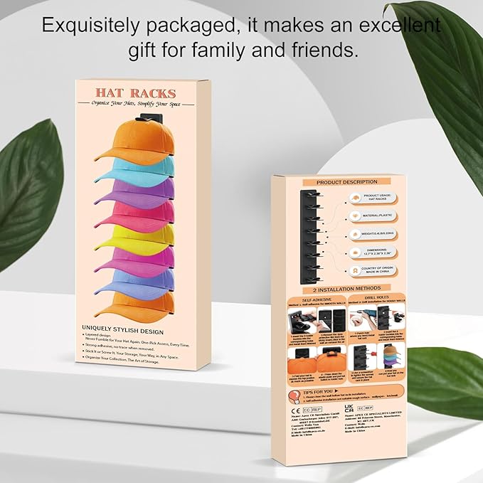 Eiito Hat Organizer for Baseball Caps, 4 Pack Strong Adhesive Hat Rack for Wall, Multilayer Hat Storage Display Holder, Wall Mounted Hat Hooks Hold up to 16 Hats for Closet (Black 4PCS)