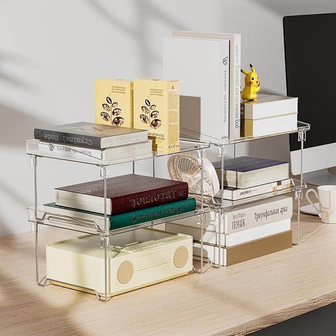 STARLATTA Acrylic Cabinet Organizer Shelf,4 Pcs Stackable Kitchen Counter Shelves,Spice Rack,Countertop Organizers,Clear Plastic Storage Organization for Makeup,Bathroom,Cupboard,Desk,Pantry