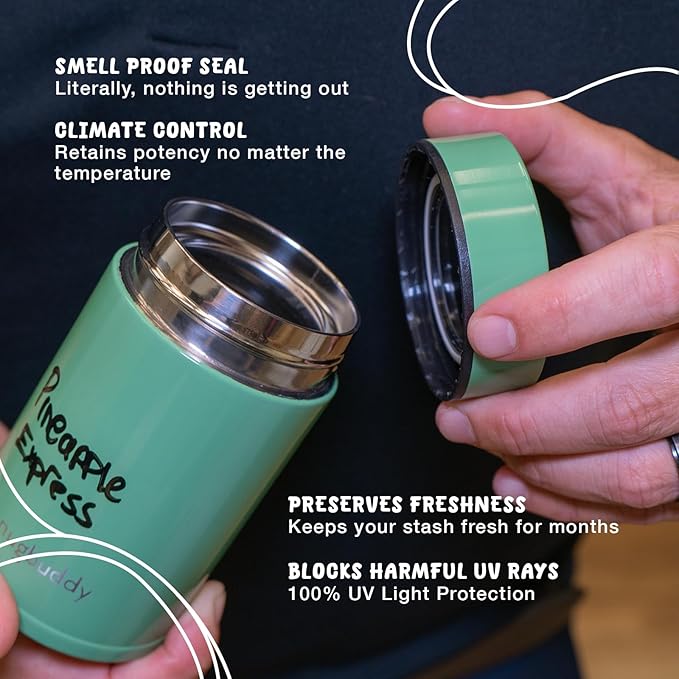 nugbuddy Mini Airtight Storage Container - Vacuum Sealed Insulated w Nested Glass Jar - UV Protection, Temperature Controlled Stainless - Whiteboard Finish w Marker Included - 100 ml (1/4 Oz)