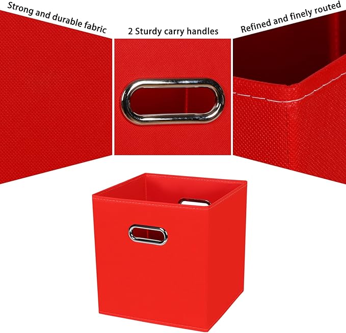 Black Fabric Cubby Storage Bins,13x13x13 Inches ,Cube Organizer Bin Foldable Storage Boxes with Dual Handles Fabric Organizer Box and collapsible Storage basket,Set of 6 ,Red