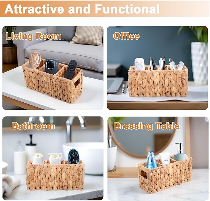 Wicker Party Silverware Caddy, Small Water Hyacinth Plastic Cutlery Utensil Holder, Hand Woven with Handles, Kitchen Countertop and Picnic flatware Organizer