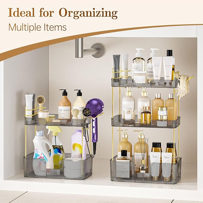 SpaceTrove 2-Tier Bathroom Counter Organizer, Makeup Organizer, Perfume Organizer, Large Skincare & Vanity Organizer, with Toothbrush, Toothpaste, Hair Dryer Holder (Smoky Grey)