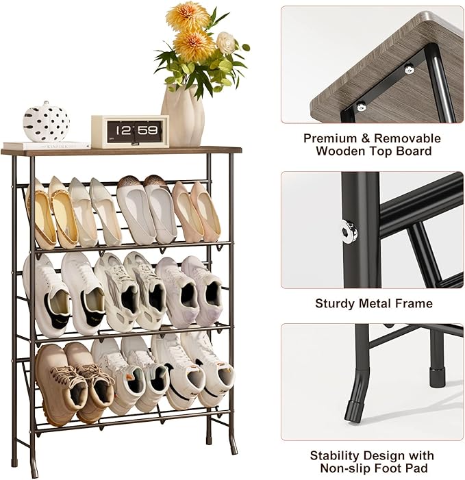 JZM Shoe Rack Storage, Narrow 4 Tier Metal Shoe Storage Shelf, Free Standing Shoe Racks, Space Saving Shoe Rack Organizer for Entryway, Hallway, Bedroom, Living Room(12-16 Pair)